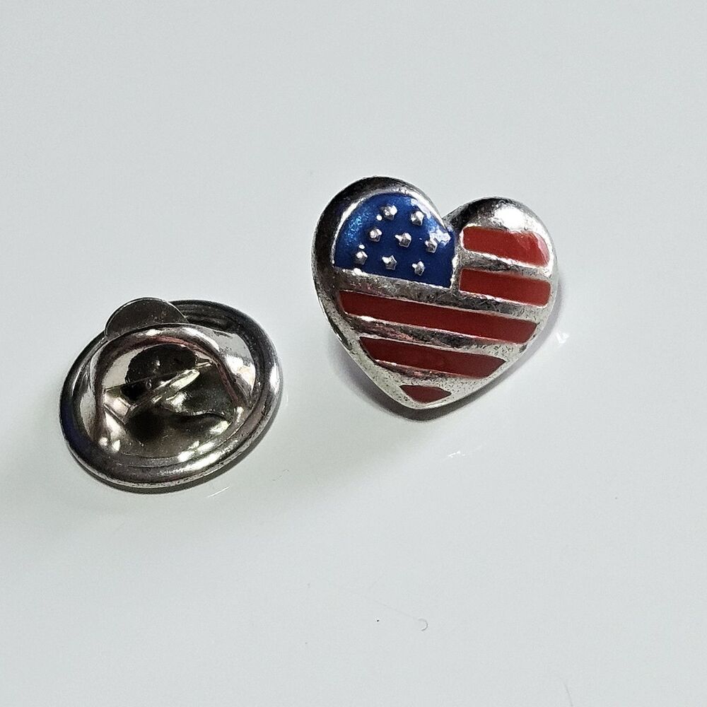 American Flag Heart Patriotic Lapel Hat Pin Back Tie Tack Enamel Vintage